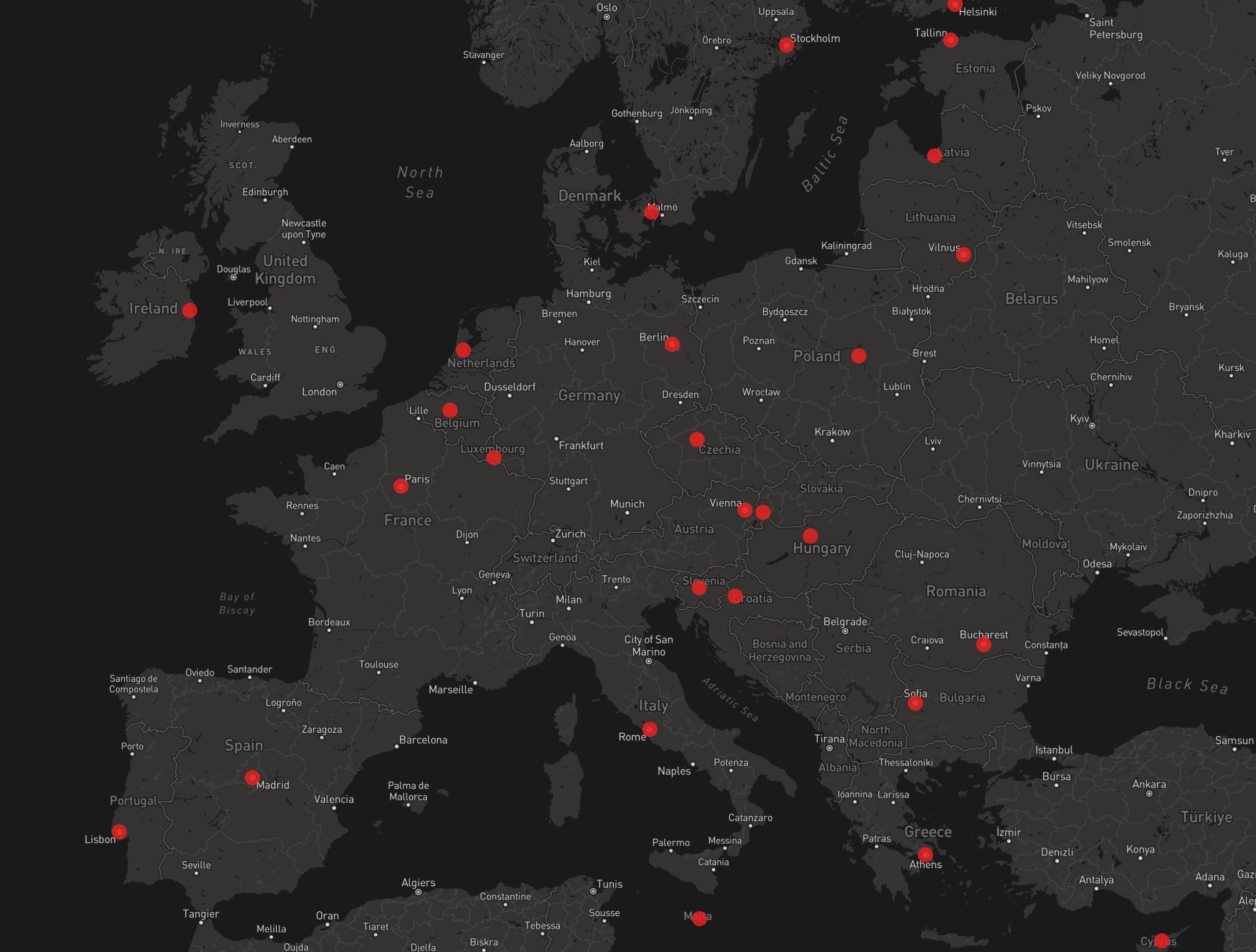 HDmaps Dark Map showing EU capitals in night mode