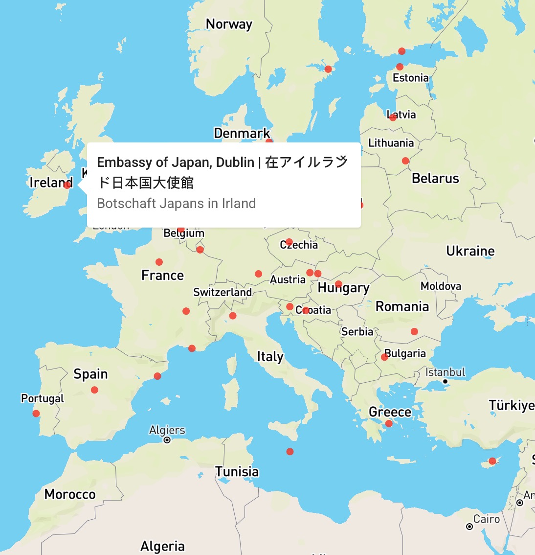 HDmaps Street Map displaying Japanese Embassies in the EU